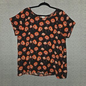 CABI Flanders Poppy Floral Blouse Women's XL Split Back Top Black Red Shirt